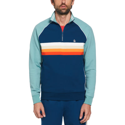 Quarter Zip Color Block Stripe Sweatshirt In Poseidon Blue