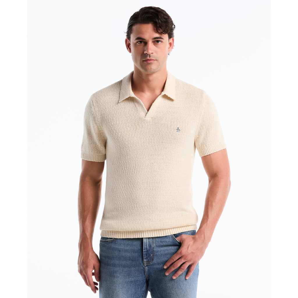 Textured Johnny Collar Sweater Polo Birch