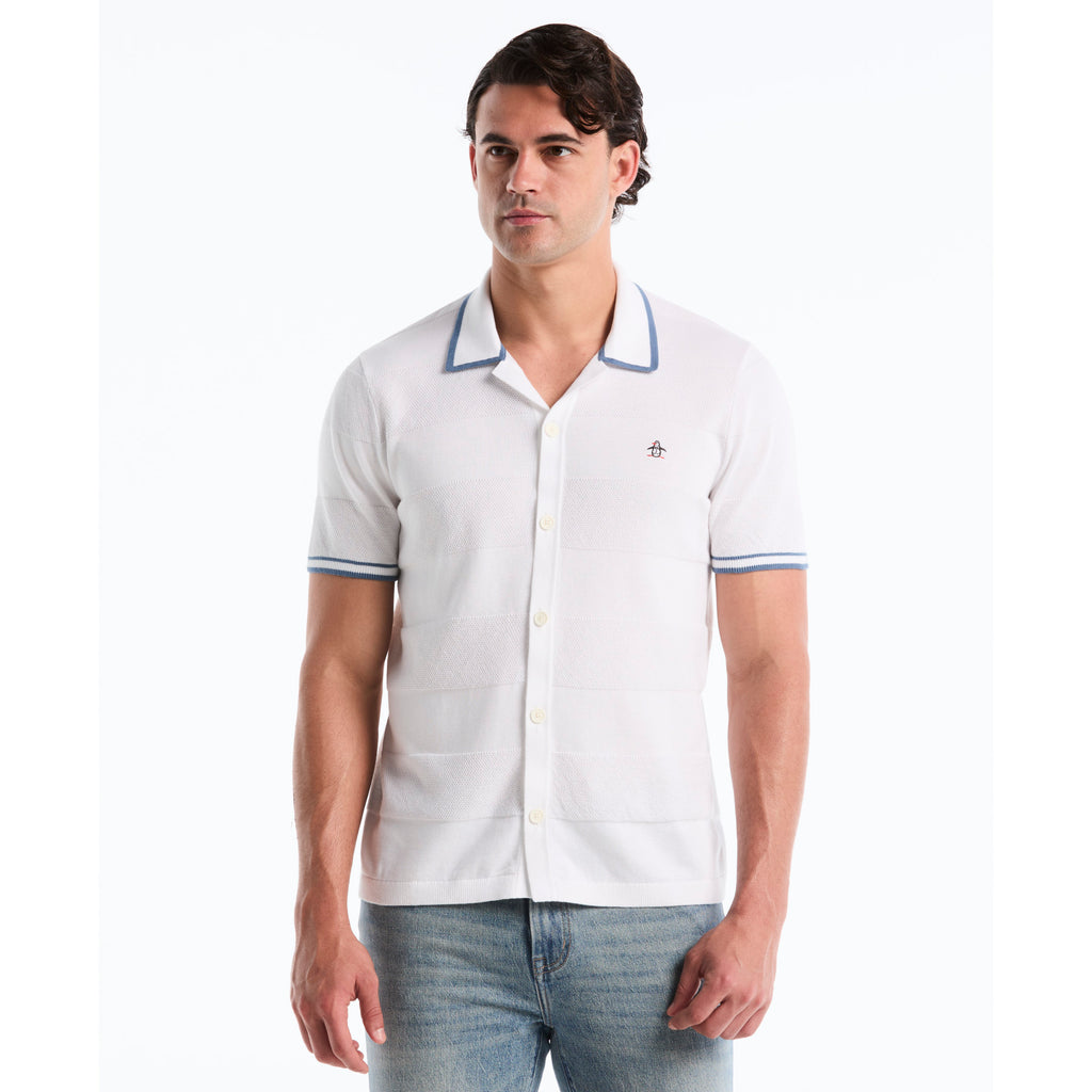 Seed Stitch Stripe Button Front Sweater Polo Bright