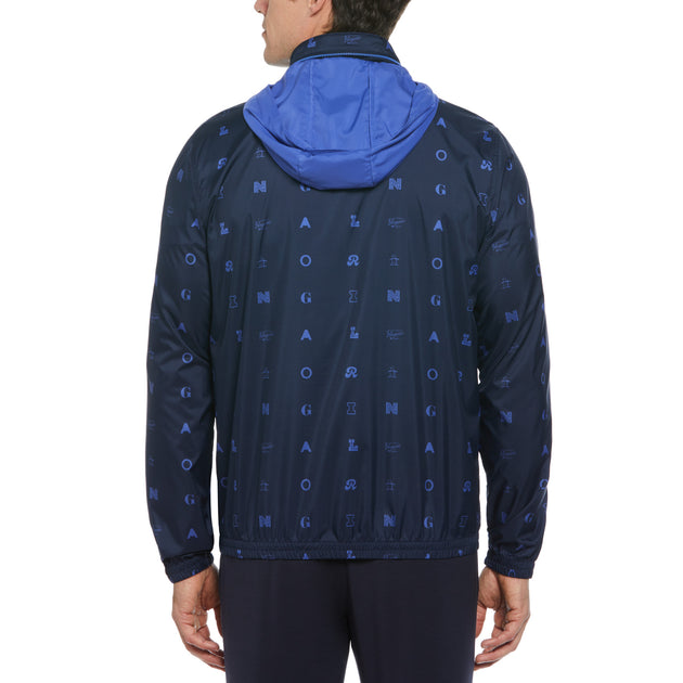 Logo Print Wind Jacket with Hidden Hood In Blue | Original Penguin®