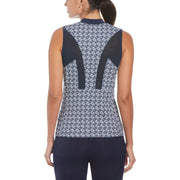 Women's Geometric Print Sleeveless Golf Polo With Mesh Back In Black Iris