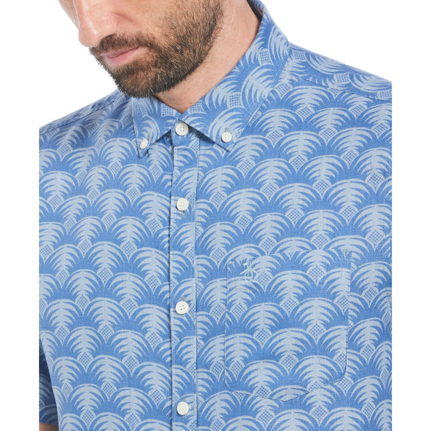 Delave Linen Geometric Palm Print Short Sleeve Button-Down Shirt In Tourmaline