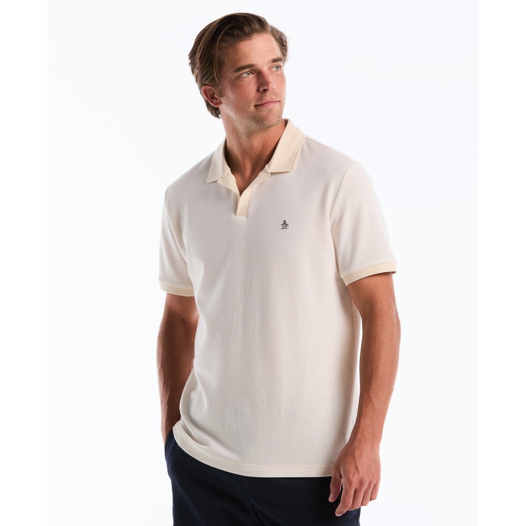 Honeycomb Textured Johnny Collar Polo Shirt In Birch
