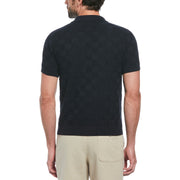 Jacquard Johnny Collar Short Sleeve Polo Shirt Sweater In Dark Sapphire
