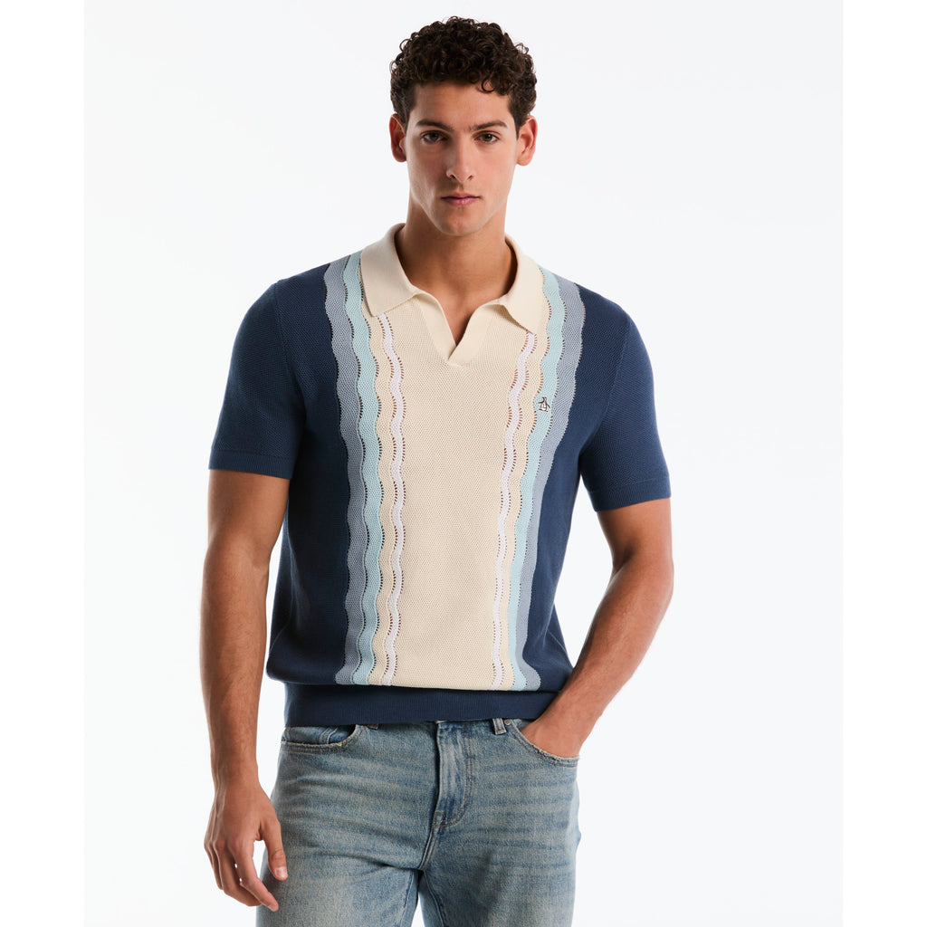 Mesh Stripe Johnny Collar Sweater Polo Sargasso Sea