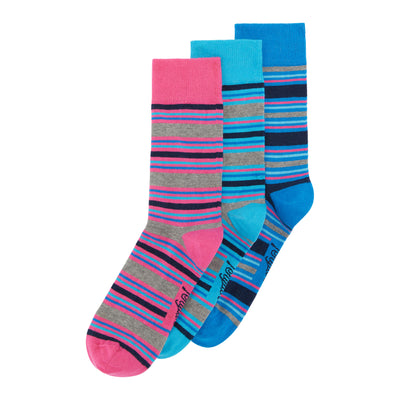 3 Pack Stripe Design Ankle Socks In Pink And Blue Aqua