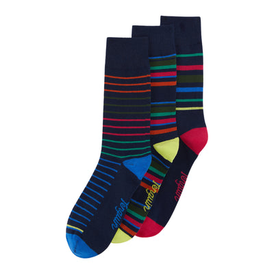 3 Pack Stripe And Spot Design Ankle Socks In Black And Blue
