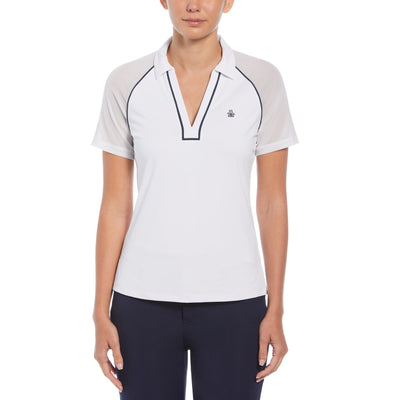 Women's V-Neck Mesh Block Short Sleeve Golf Polo Shirt With Contrast Piping In Bright White