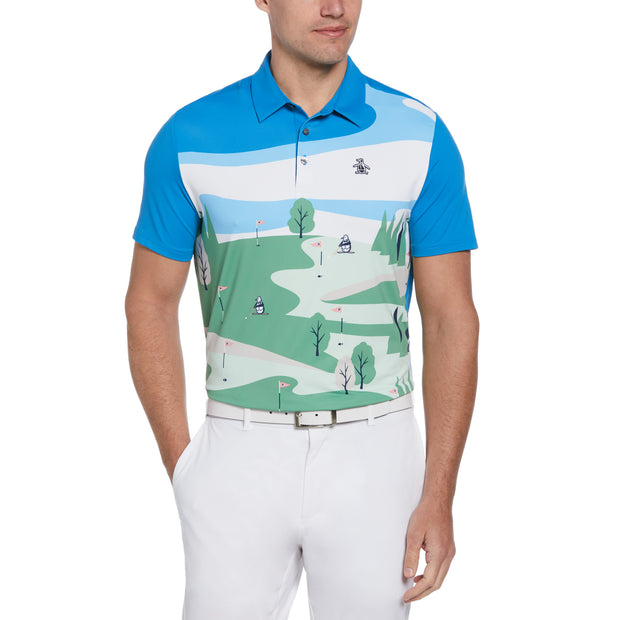 Pete On The Course Print Short Sleeve Golf Polo Shirt In Mediterranean Blue