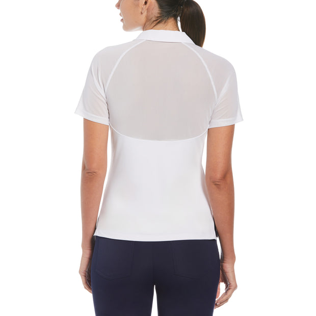 Women's V-Neck Mesh Block Short Sleeve Golf Polo Shirt With Contrast Piping In Bright White