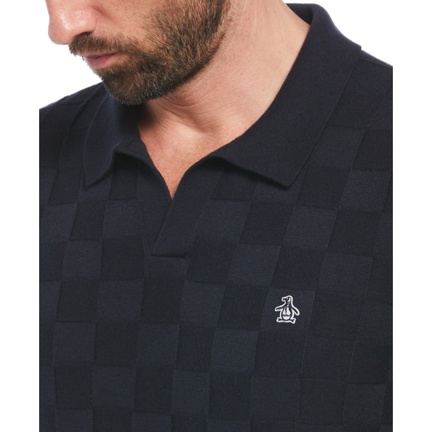 Jacquard Johnny Collar Short Sleeve Polo Shirt Sweater In Dark Sapphire