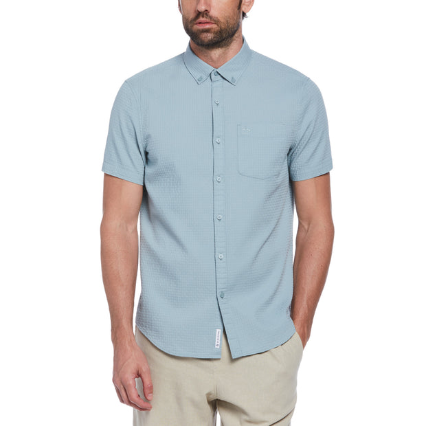 Cotton Dobby Basketweave Textured Short Sleeve Button-Down Shirt In Tourmaline