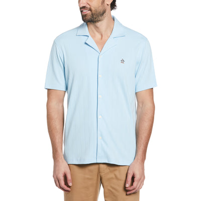 Organic Cotton Striped Short Sleeve Shirt With Camp Collar In Cool Blue