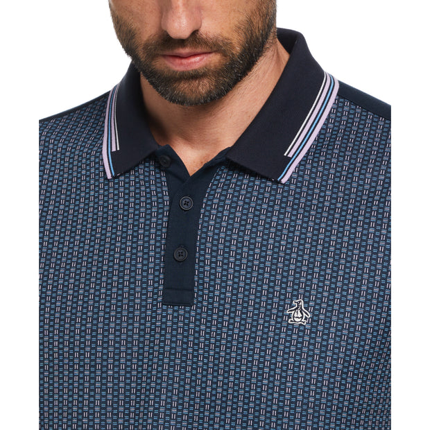 Jacquard Front Basketweave Print Polo Shirt In Dark Sapphire