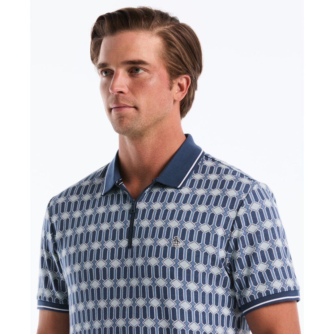 Jacquard Deco Quarter Zip Polo Shirt In Blue | Original Penguin®