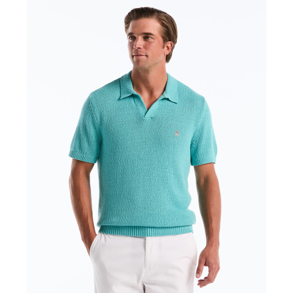 Textured Johnny Collar Sweater Polo Aquarelle