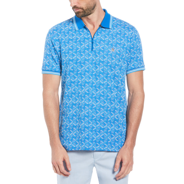 Jacquard Geometric Print 1/4 Zip Short Sleeve Polo Shirt In Skydiver