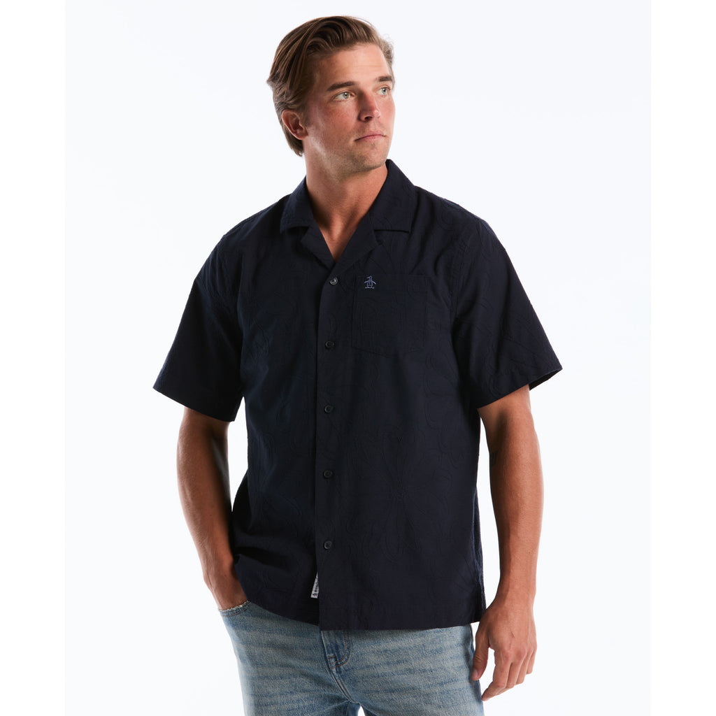 Floral Embroidered Short Sleeve Shirt Dark Sapphire