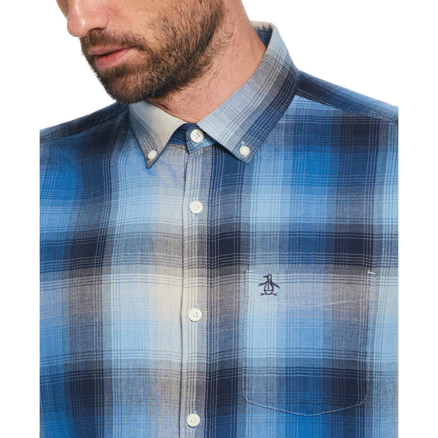 Double Weave Plaid Pattern Shirt In Azure Blue