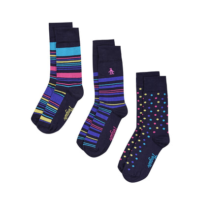 3 Pack Mens Penguin Ankle Socks Stripes & Spots Navy Blue Pink In Multi